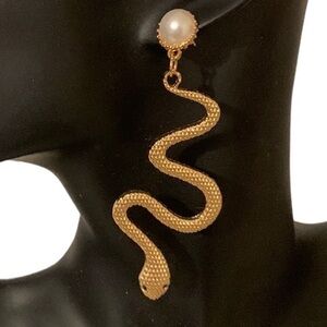 GOLD Tone Snake and Pearl Dangle Pierced Earrings Stud Back